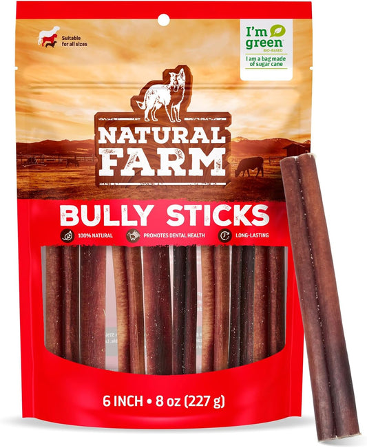 Natural Farm Odor-Free Bully Sticks (6”, 8oz) All-Natural Long-Lasting Chews, 100% Beef Pizzle, Grass-Fed, Grain-Free, Hormone-Free, Protein for Muscle Development & Energy, Perfect for Medium Dogs