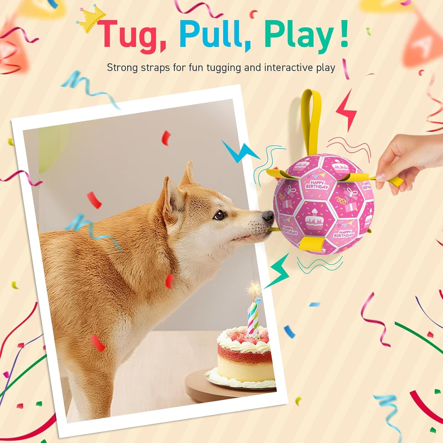 QDAN Dog Birthday Toys, Squeaky Dogs Toys, Dog Soccer Ball with Straps, Puppy Gifts, Herding Balls with Bell Inside, Water Toy, Durable Ropes Ball for Medium Large Dogs (8 inch)