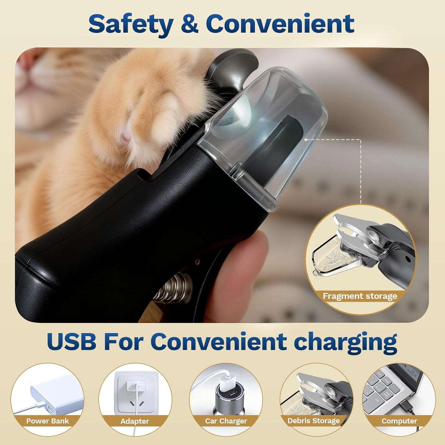 2 in 1 Dog Nail Clippers & Cat Nail Clippers Trimmers for Large Medium Small Dogs Cats Claw Trimmer Quick Sensor and Safety Guard USB Rechargeable Dogs Nail Trimmer with Catcher & 2 LED Lights