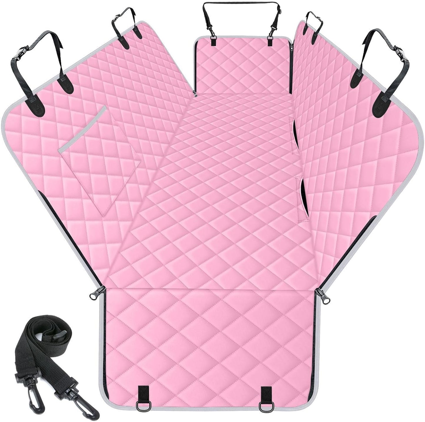 Waterproof Dog Car Seat Cover for Back Seat - Durable, Scratch Proof Pet Hammock with Nonslip Design & Storage Pockets, Fits Cars, SUVs, Trucks - L, Pink/Grey