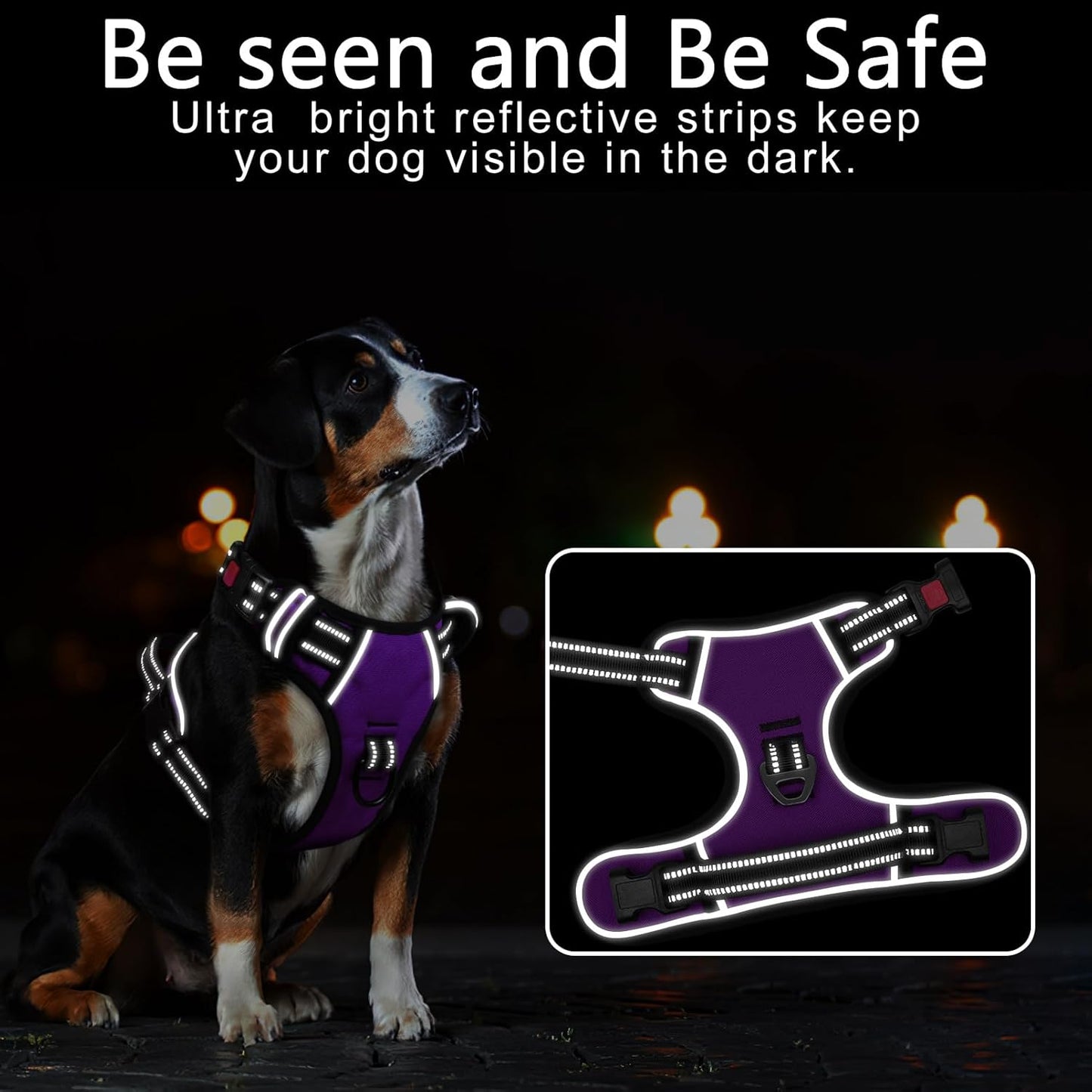 Timos Dog Harness Medium Sized, No Pull with Neck Lockable Snap,No Choke Front Clip Dog Reflective Harness,Adjustable Metal Rings 3 Buckles,Easy Control Handle for Medium Dogs Purple M