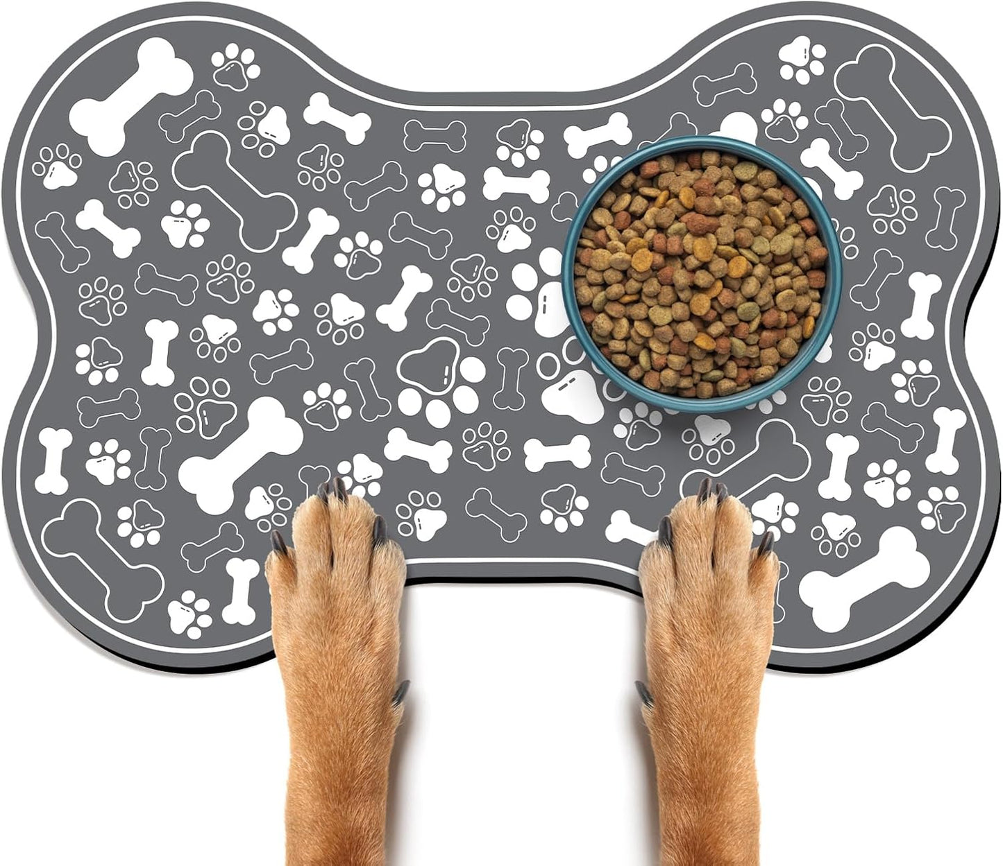Dog & Cat Food Mat Bone Shaped Pet Feeding Mat Quick Absorb Water Bowl Placemat with Rubber Backing Indoor Floor Stain Resistant Pet Accessory Supplies (Dark Gray, 16x24 Inches)