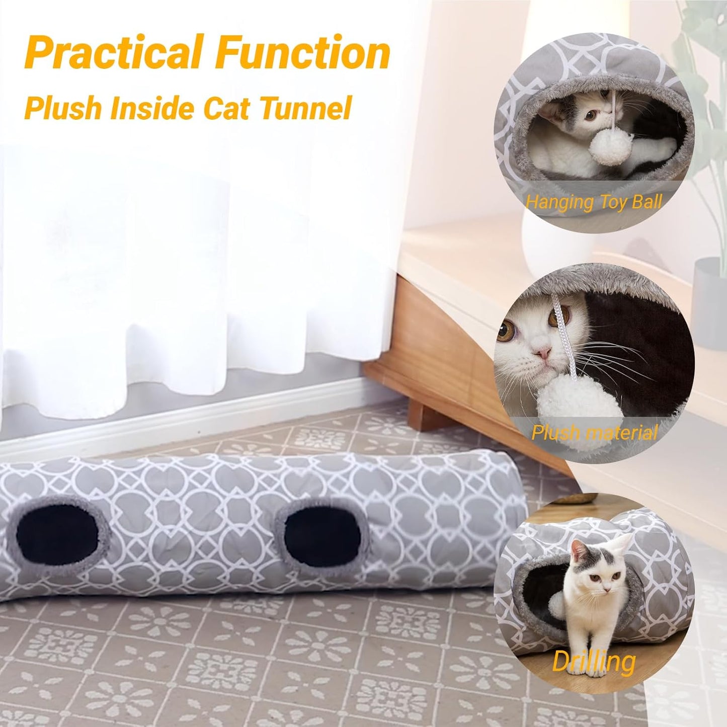 LUCKITTY Geometric Straight Cat Tunnel with Plush Inside,Cats Toys Collapsible Tunnel Tube with Balls, for Rabbits, Kittens, Ferrets,Puppy, Diameter 9.8 Inch
