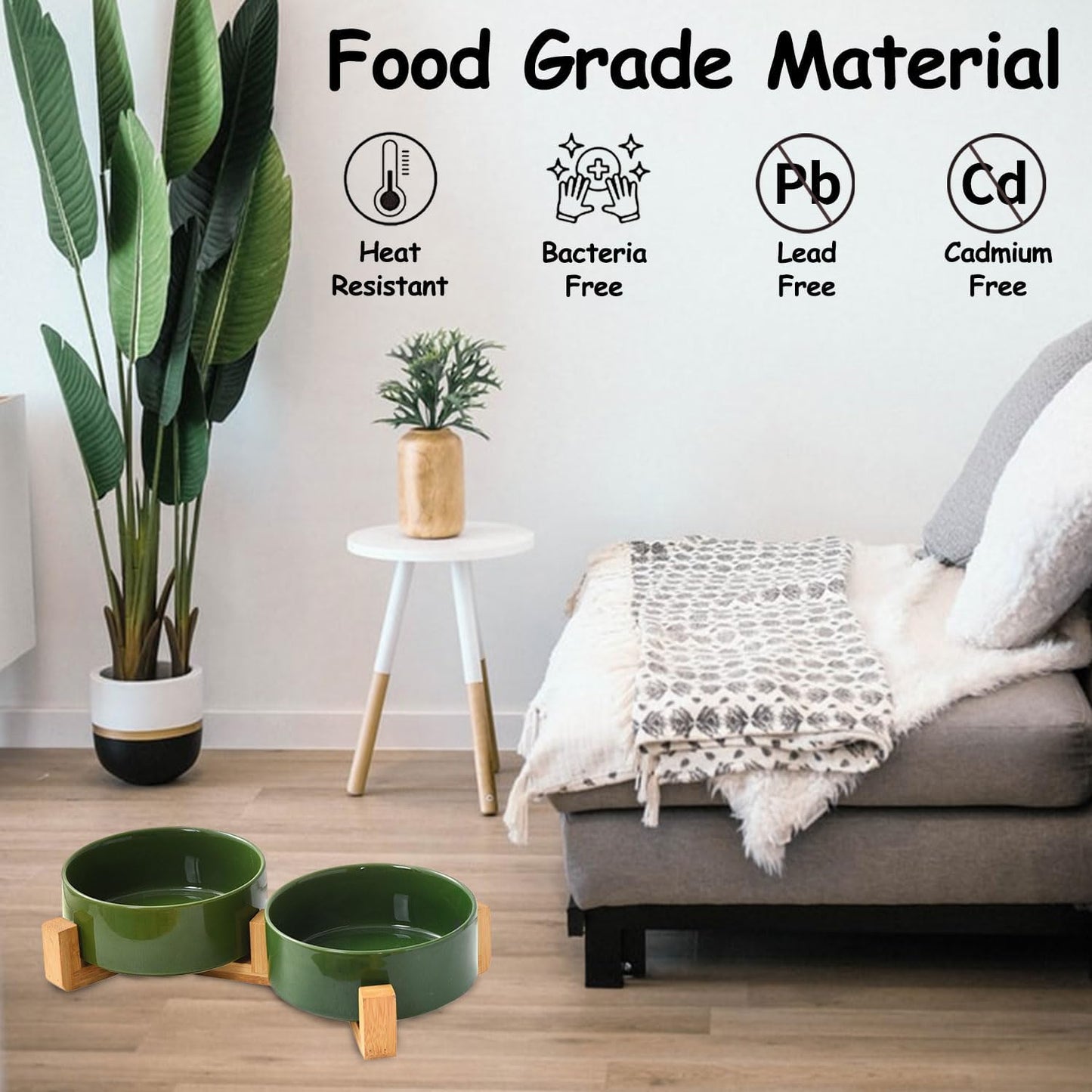 Petygooing Ceramic Dog Cat Bowl Set with Stand, Pet Food and Water Dishes,Medium Pet Bowl Anti -Slip Set of 2 Cat Dish-Pet Food Bowls Small Medium Size Dog (28OZ/6.1 in) Rust Green