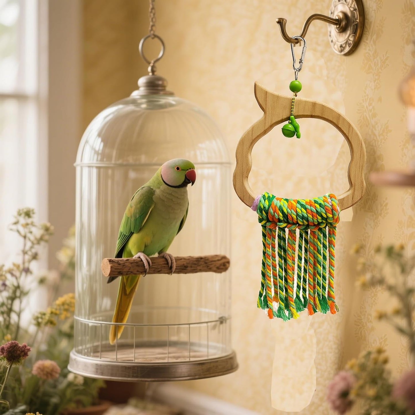 Bird Swing for Parrots – Extra Strong Natural Wood and Rope Hanging Toy for Large and Small Birds,Cage Perch Accessory for Macaws,Cockatoos,Parakeets,African Greys,Conures