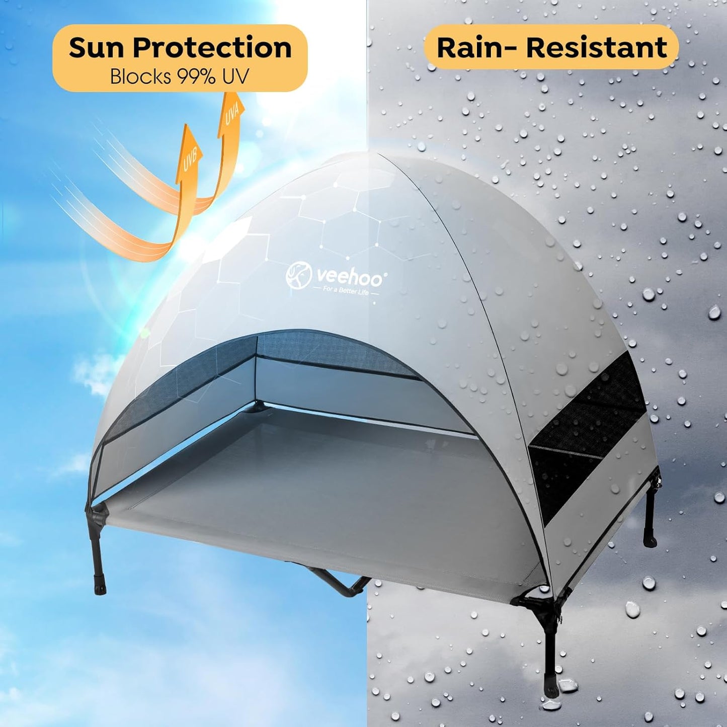 Veehoo Outdoor Dog Bed with Canopy, Cooling Elevated Pet Cot with Removable Shade, Non-Slip Feet, Raised Dog Cot for Large Dogs, Pet Tent Bed for Camping, Beach, XLarge, Grey, CWC2411