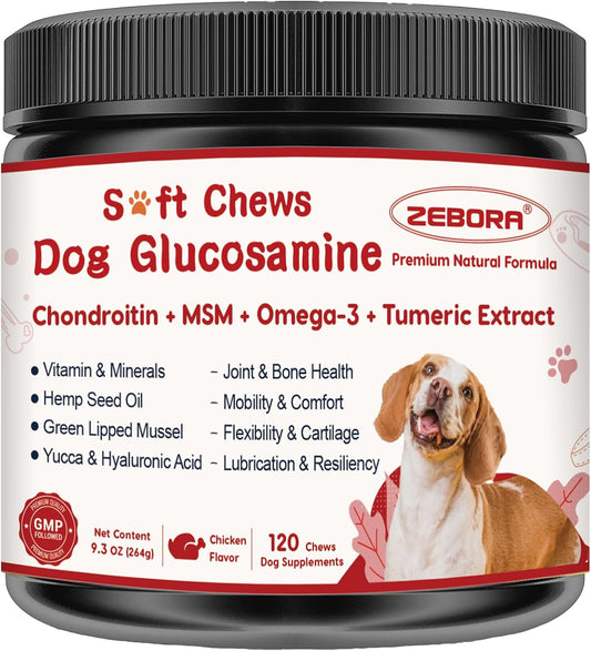 Glucosamine for Dogs, Joint Supplement for Dogs with Chondroitin, MSM, Omega-3, Turmeric and Vitamins for Pain Relief, Dog Joint Supplement with Calcium and Phosphorus for Bone Health, 120 Soft Chews