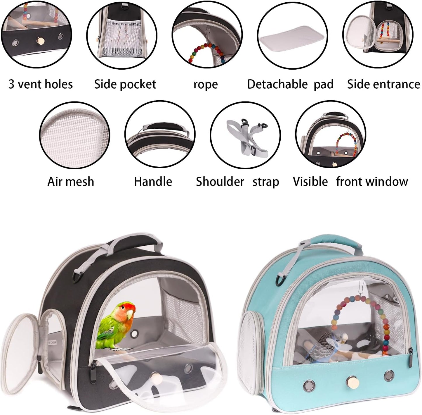 Portable Parrot Travel Cage Carrier with Small Swing Toy&Cage Colorful Toys Set Small Bird Parakeet Bag with Standing Perch Bird Carry Transport Bag (Green, Carreir/Swing)