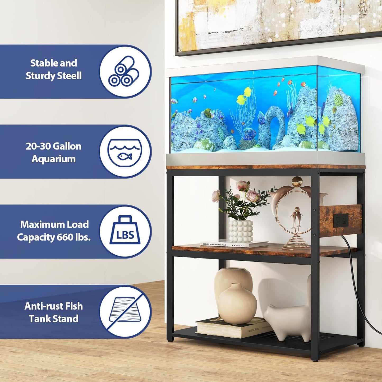 20-29 Gallon Fish Tank Stand With Power Outlets, 3-Tier Metal Aquarium Stands, Breeder Reptile Tank Stand with Shelf for Home Office, 660LBS Capacity, 29.5 x 15.8 x 30.1 inches, Brown