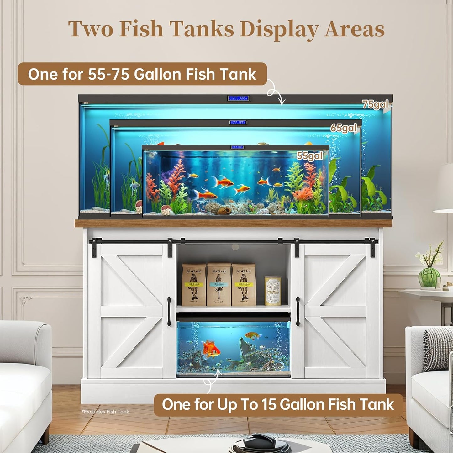 55-75 Gallon Fish Tank Stand with Sliding Barn Doors & Power Outlet, Heavy Duty Aquarium Stand with Cabinet Storage for Fish Tank, Turtle Tank, Reptile Terrarium, 1000LBS Capacity, White