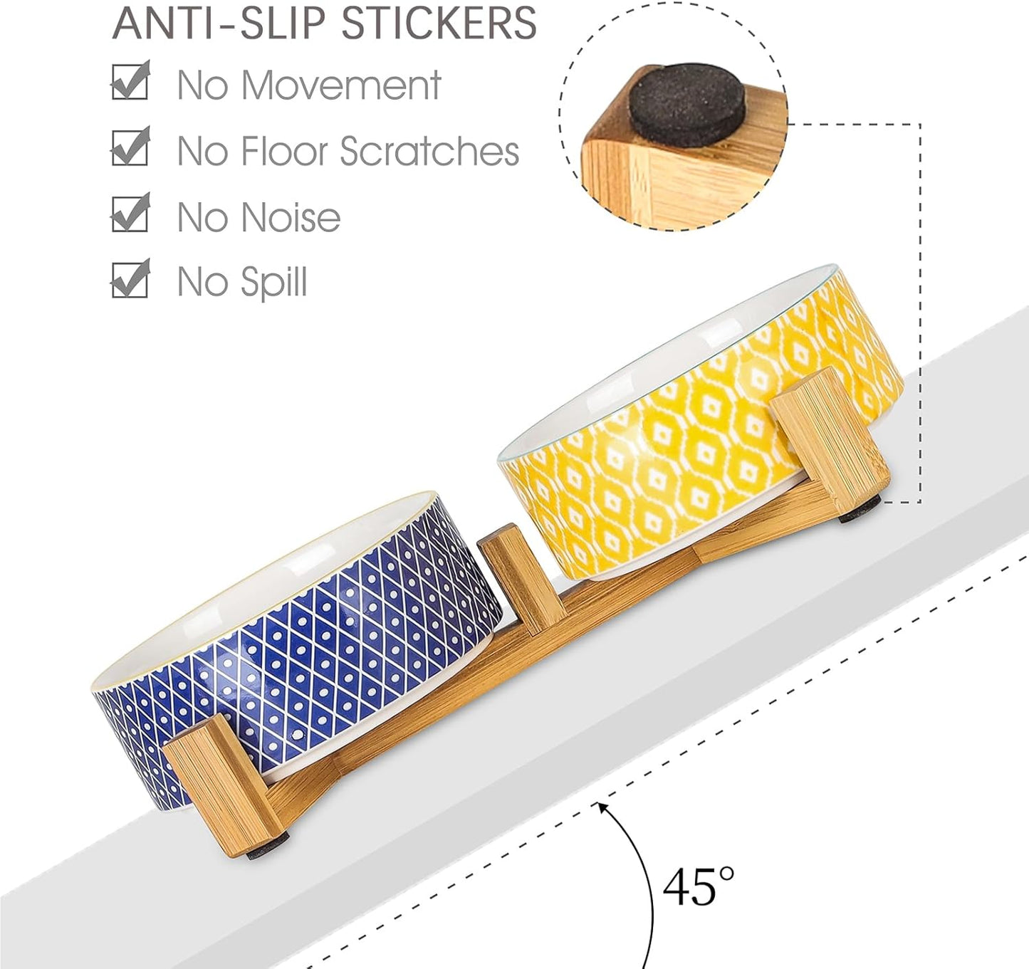 Selamica Ceramic 14 OZ Dog Bowls, Dog Food and Water Bowls with Wooden Stand, Anti-Slip Dog Dishes Set for Cats & Small Dogs, Weighted Pet Bowls Set of 2, Assorted Color A