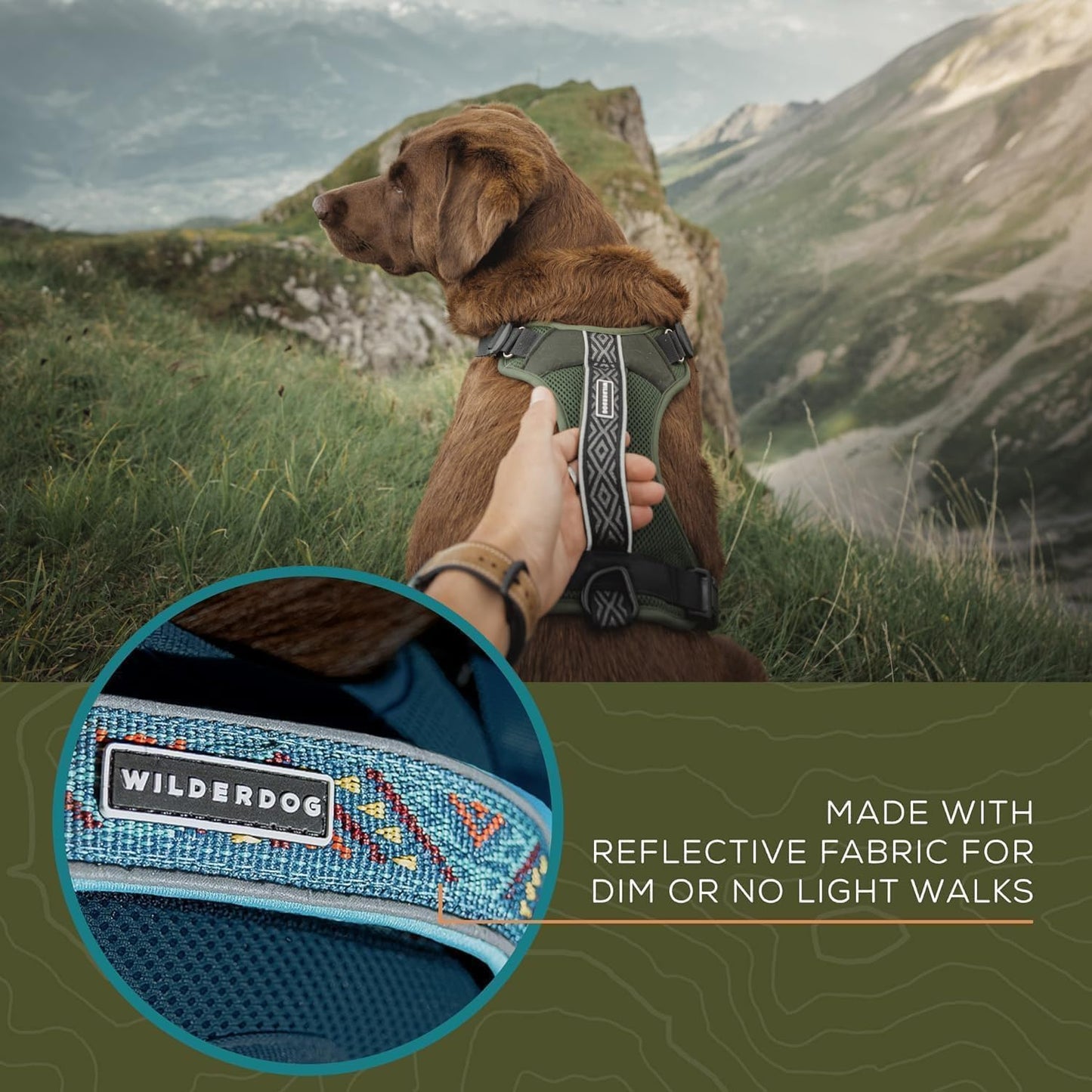 Wilderdog Lightweight Dog Harness with Reflective Straps - Large - Olive