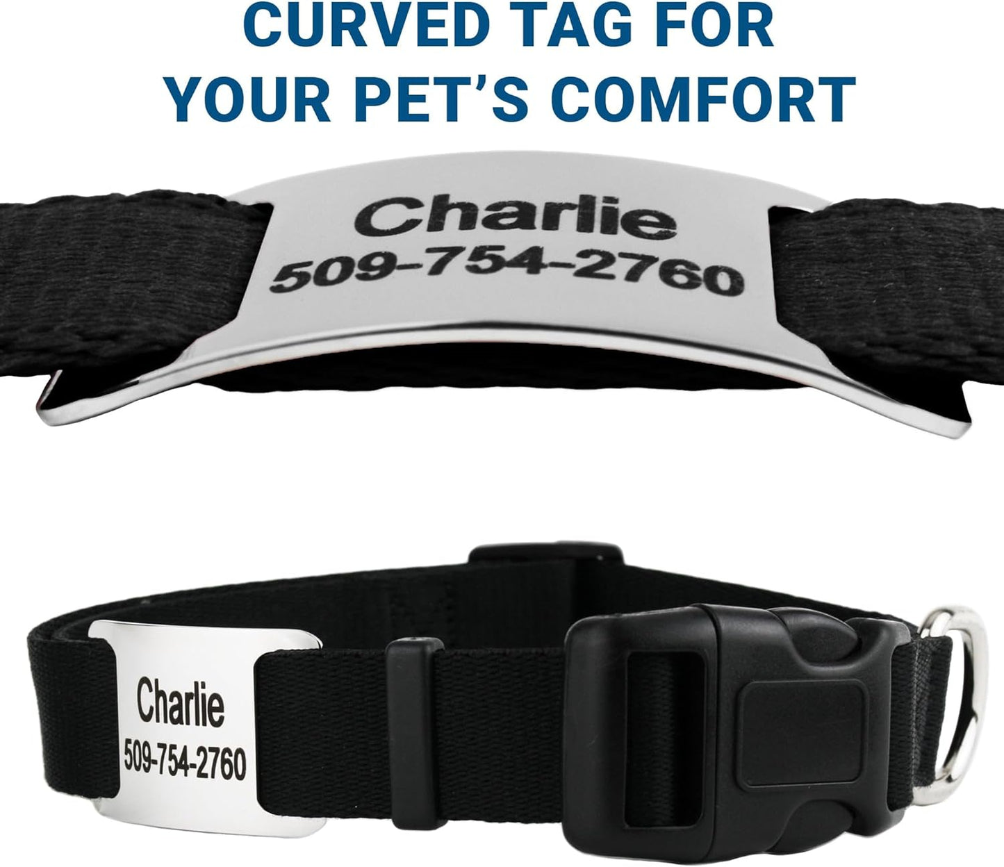 GoTags Personalized Dog Collar with Nameplate, Adjustable Dog Collar with Custom Engraved Slide On Pet ID Tag in Stainless Steel, Silent, No Noise Dog Tag (Hunter Green, Large)