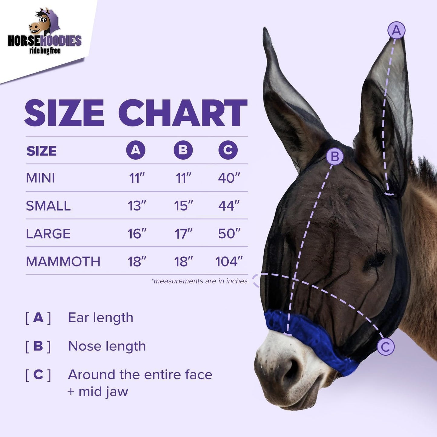 Donkey Fly Mask with Long Ears (Aqua) Made in USA - Mule Fly Mask with Ears Protection from Insects and Bugs, Mini Donkey Soft Mesh Fabric with Adjustable Fastener, Face Cover Supplies for Donkeys