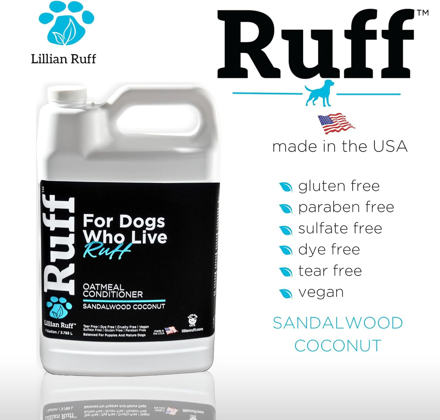 Ruff by Lillian Ruff Sandalwood Coconut Oatmeal Conditioner for Dogs – Moisturize & Soothe Dry Itchy Skin, Promote Healthy Coat, Tear-Free, Sulfate-Free, Paraben-Free, Made in USA (Gallon with Pump)