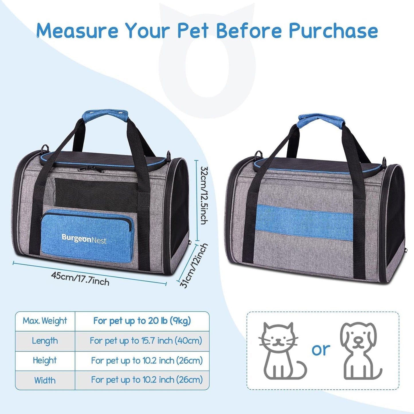 BurgeonNest Cat Carrier for Large Cats 20 lbs,Medium Pet Under 25 lbs,2 Puppy and Small Dogs with Unique Side Bag,Top Load Pet Carrier Soft-Sided Escape Proof with 4 Ventilated Windows