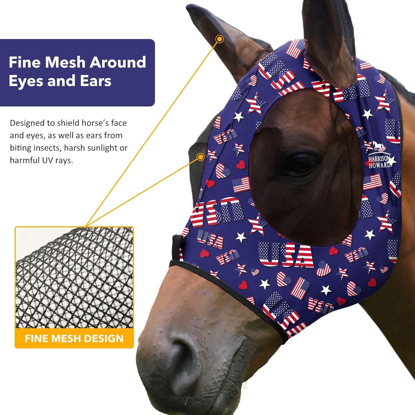 Harrison Howard Super Comfort Stretchy Fly Mask Large Eye Space with UV Protection Soft on Skin with Breathability Classic Letters Full Size