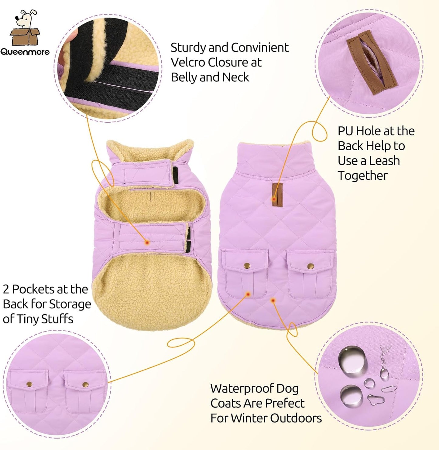 Queenmore Warm Dog Coat, Cold Weather Puffer Dog Coat Vest, Quilting Winter Pet Jacket Ultra Thick Plush Fleece Lining Pet Clothes for Dogs with Storage Pockets (Lilac, Medium)