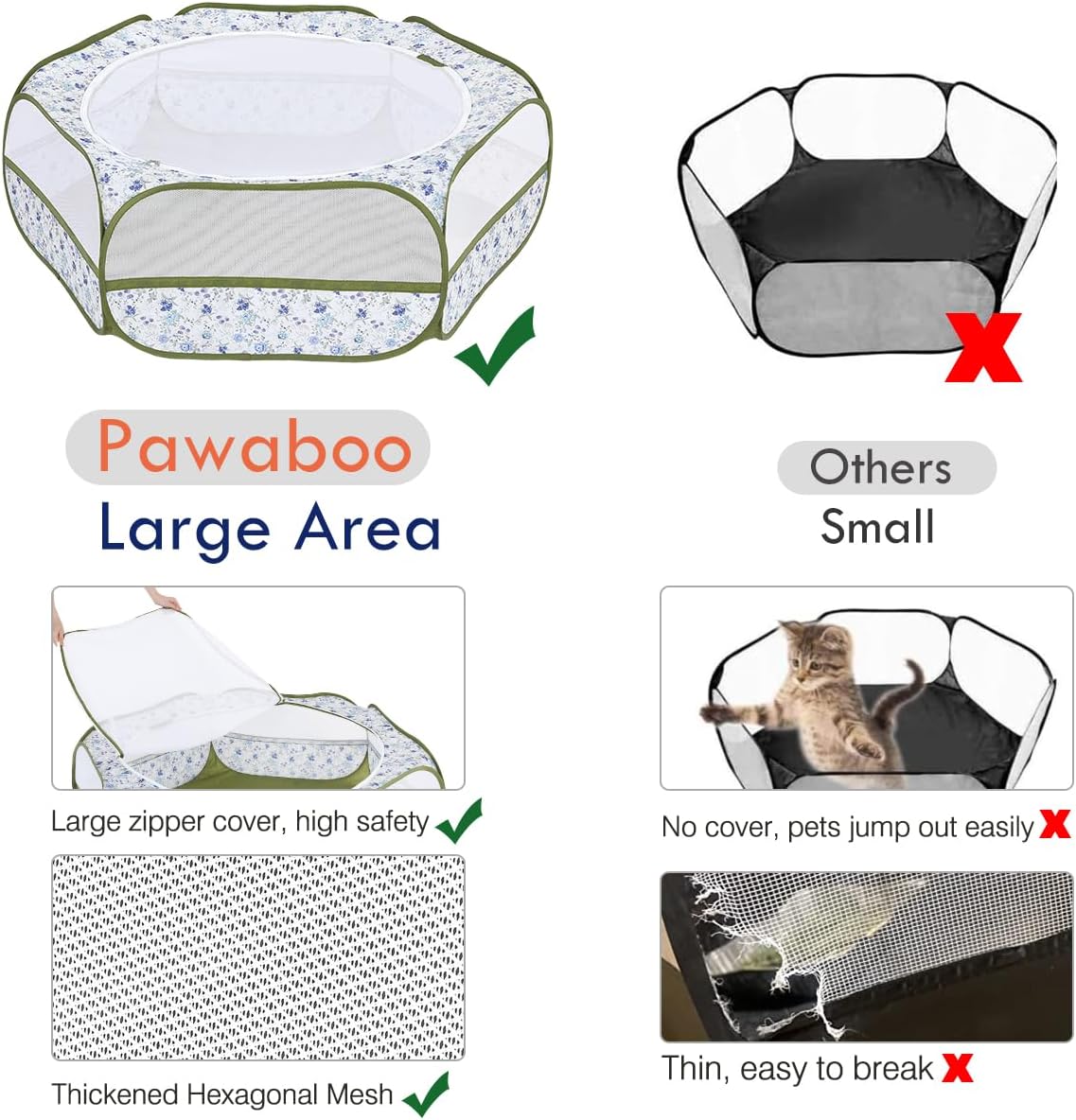 Pawaboo Small Animals Playpen, Waterproof Small Pet Cage Tent with Zippered Cover, Portable Outdoor Yard Fence with 3 Metal Rod for Chick/Kitten/Puppy/Guinea Pig/Rabbits/Hamster, Blue + White Flower