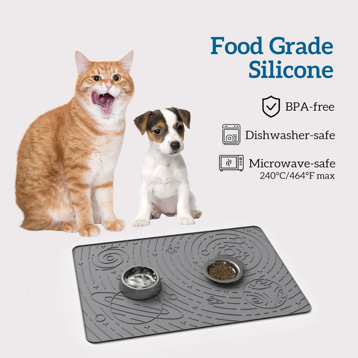 OHMO Dog Food Mat, Silicone Waterproof Cat Food Mat, Non-Skid Spill Proof Pet Feeding Mat for Food and Water, Easy to Clean Dog Placemat(Grey, 18.9" x 11.8")