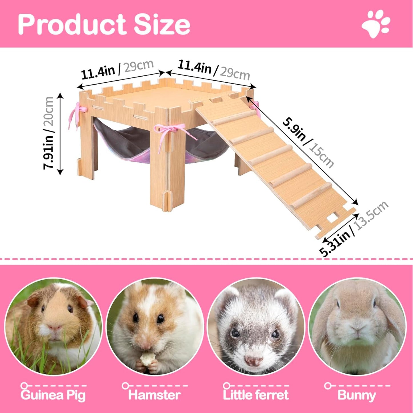 Guinea Pig Hammock with Platform and Ramps,Wooden Small Animal Hideout with Waterproof Coating Mat Hammock,Guinea Pig Cages Accessories Toys Hiding Playing,Easy to Clean(Double)
