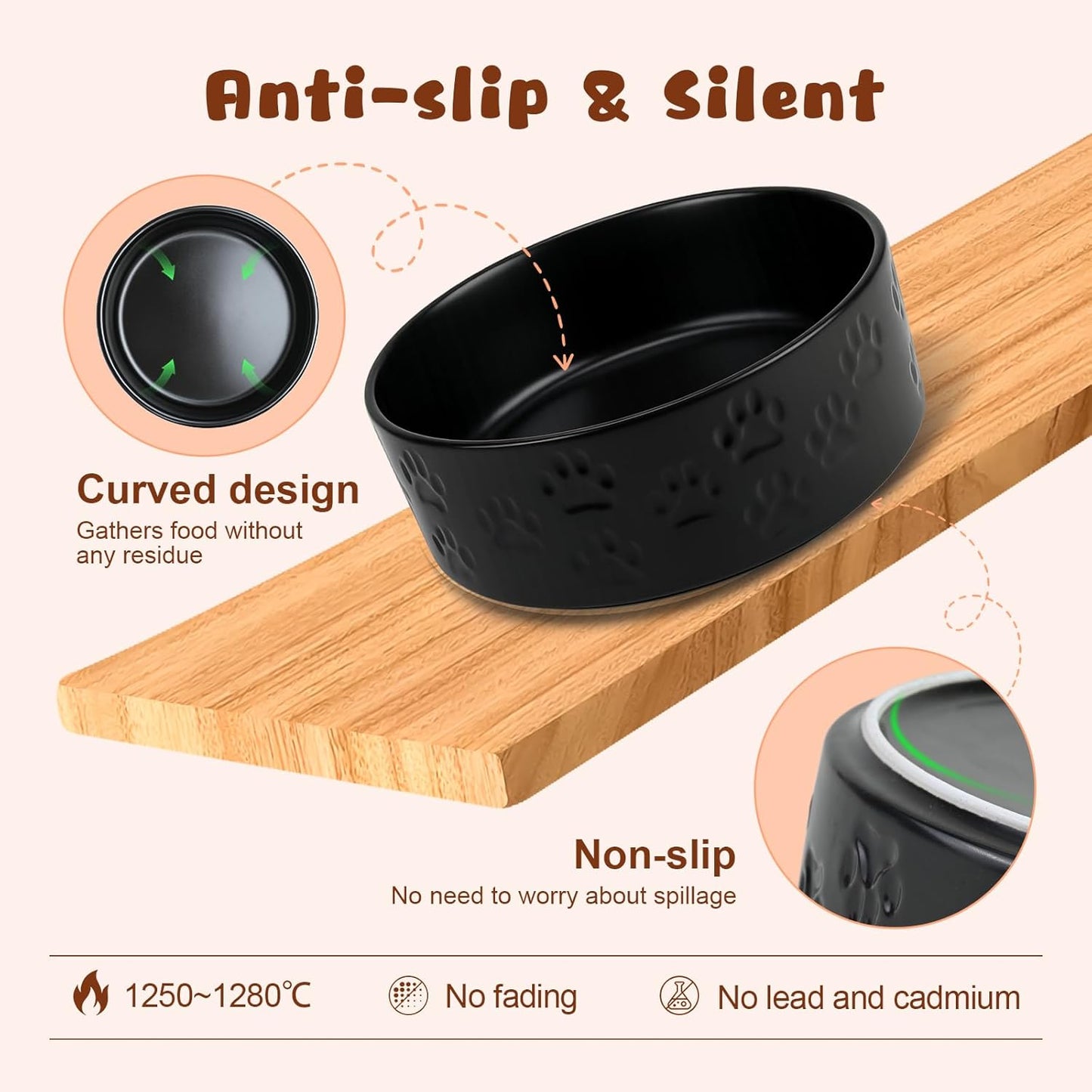 SPUNKYJUNKY Ceramic Elevated Dog Bowl Set with Acacia Wood Stand for Food and Water for Medium Dogs (42.27 OZ, Black, Dog Paw Pattern)