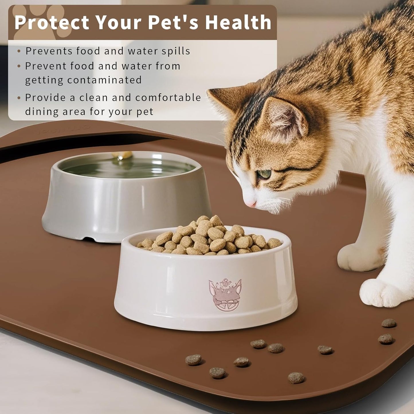 Silicone Pet Feeding Mat with Raised Edge & Residue Collection Pocket for Food and Water, Dog Bowl Mats, Cat Bowls Placemat with High Lip for Floor Waterproof, 24 x 16 x 0.8 Brown