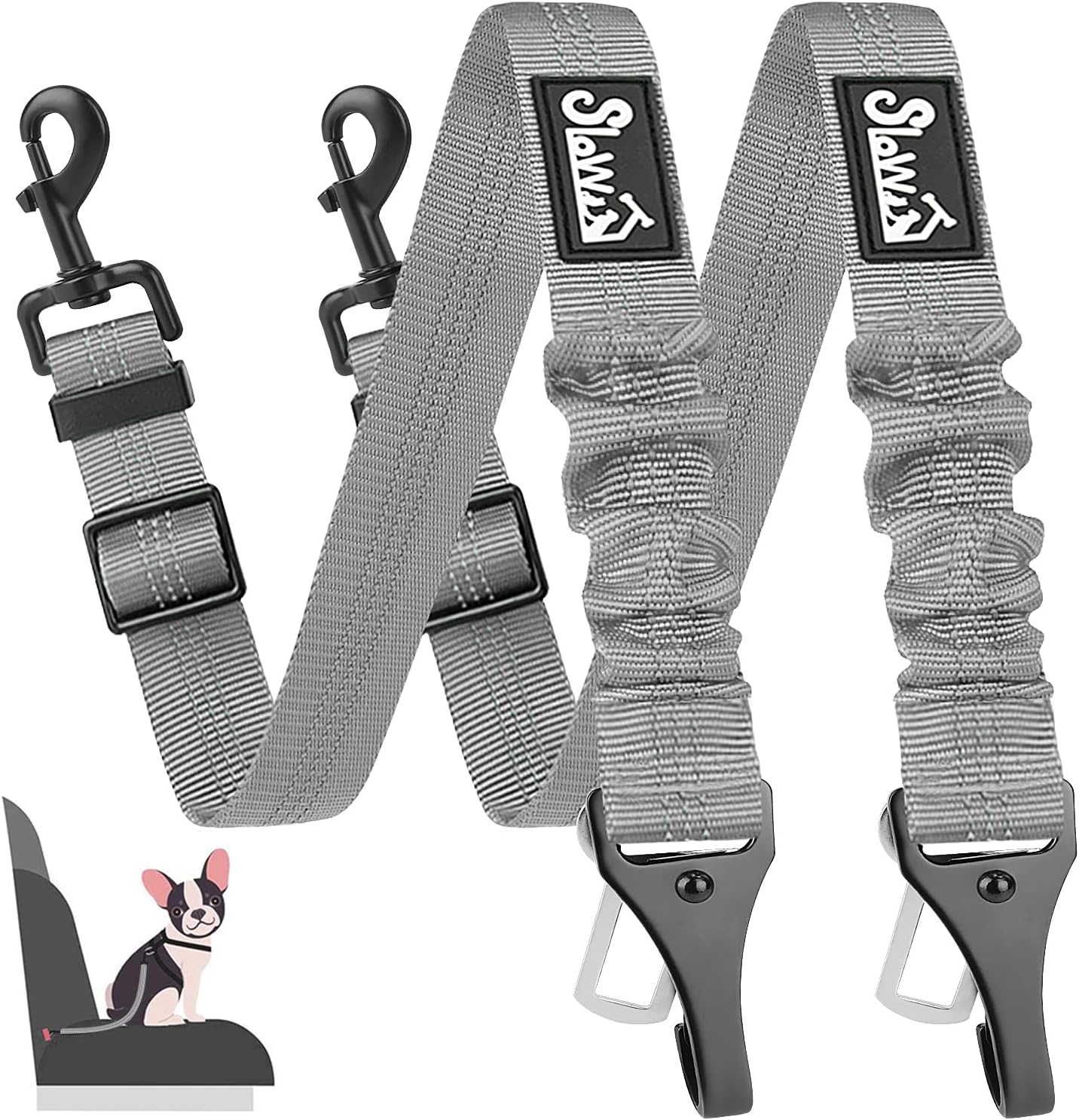 SlowTon 2 Pack Dog Seat Belt, 2 in 1 Attachment, Hook Latch Bar or Seatbelt Buckle with Elastic Nylon Bungee Buffer Adjustable Reflective Nylon Safety Belt Tether Connect to Dog Harness (2pack-GY)