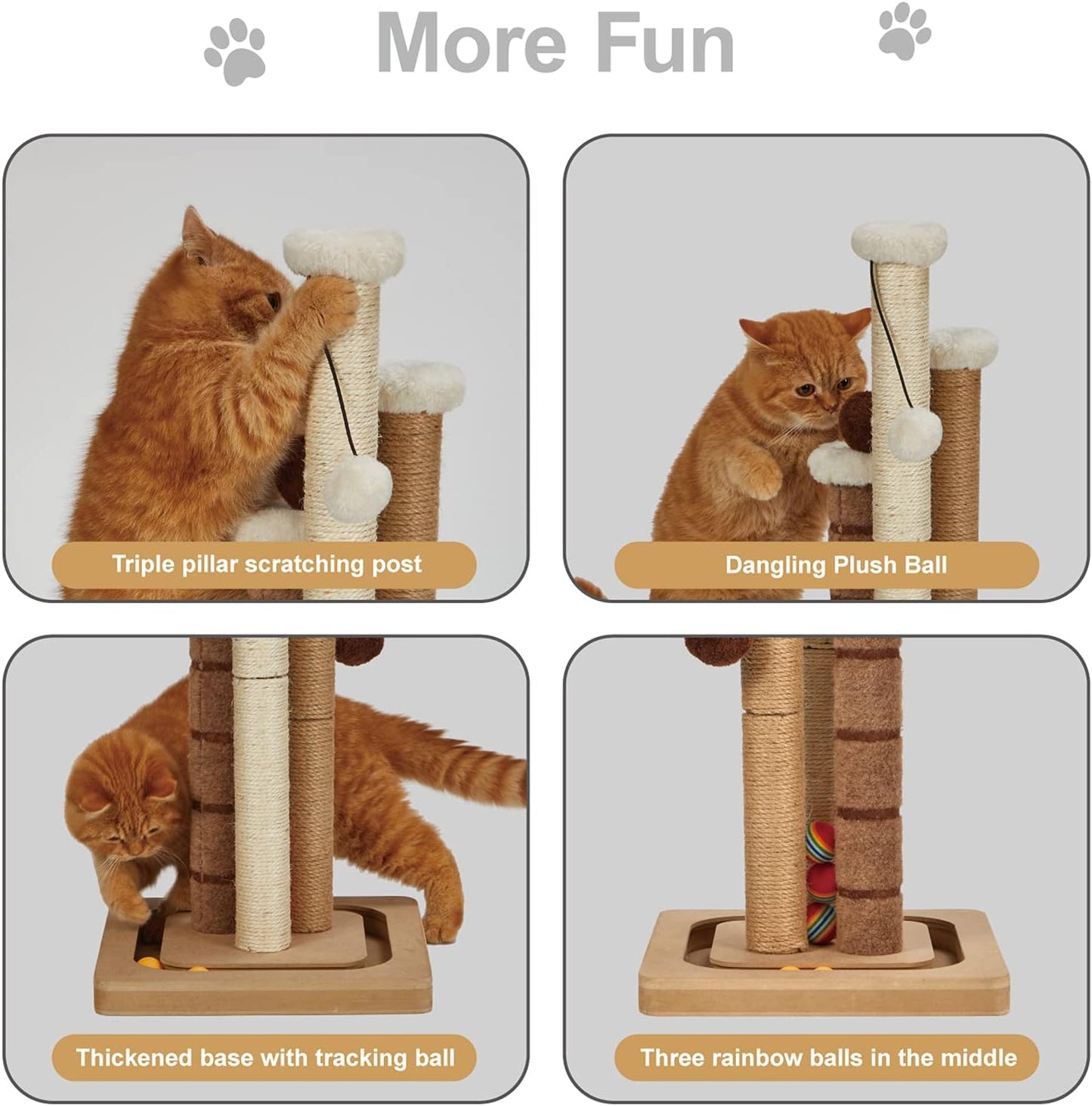 Cat Scratching Post Premium Natural Sisal Jute Carpet 3 Scratch Posts with Interactive Track Ball Base and Hanging Balls Toys Kitten Scratcher for Indoor Kittens and Small Cats