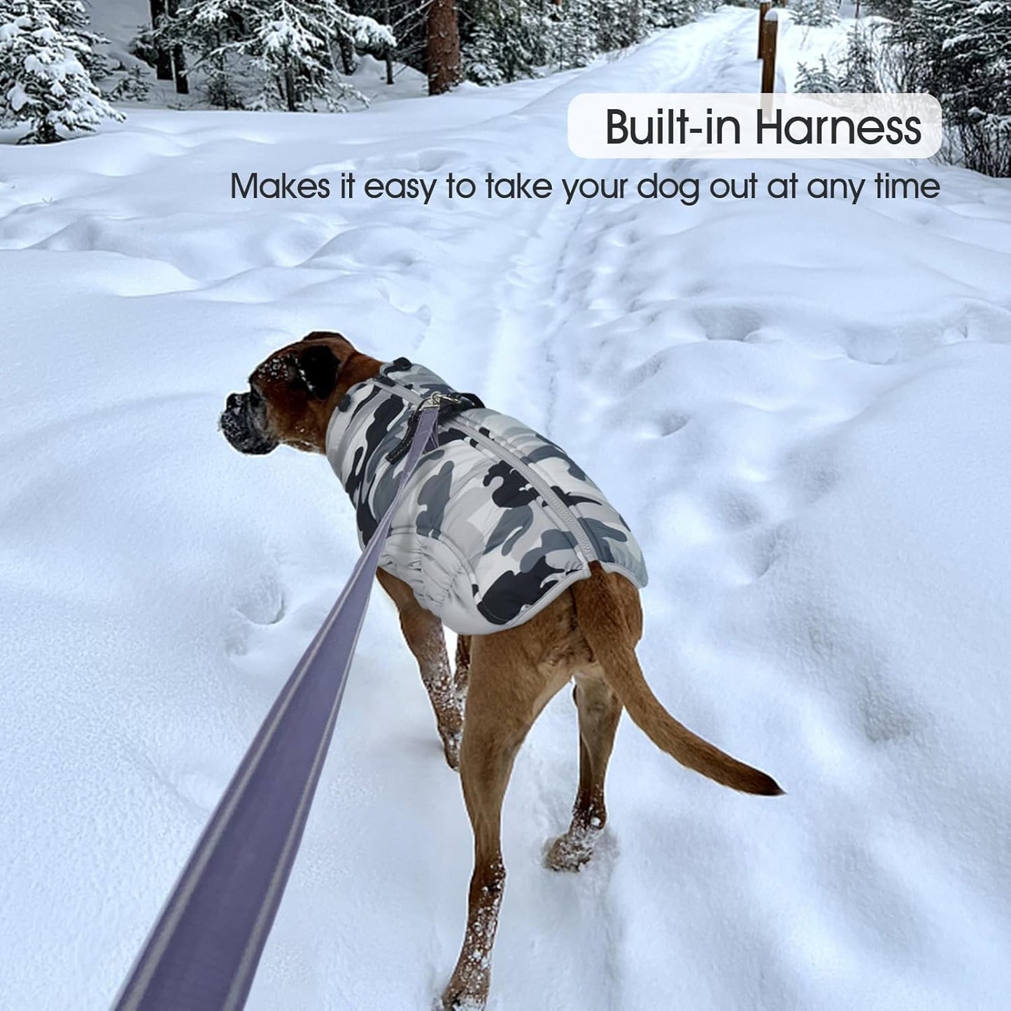 FUAMEY Dog Coat for Medium Dogs,Waterproof Dog Winter Jacket with Harness Built in Puppy Cold Weather Coats Reflective Pet Vest with Zipper Warm Fleece Dogs Snowsuit Windproof Grey Camo M