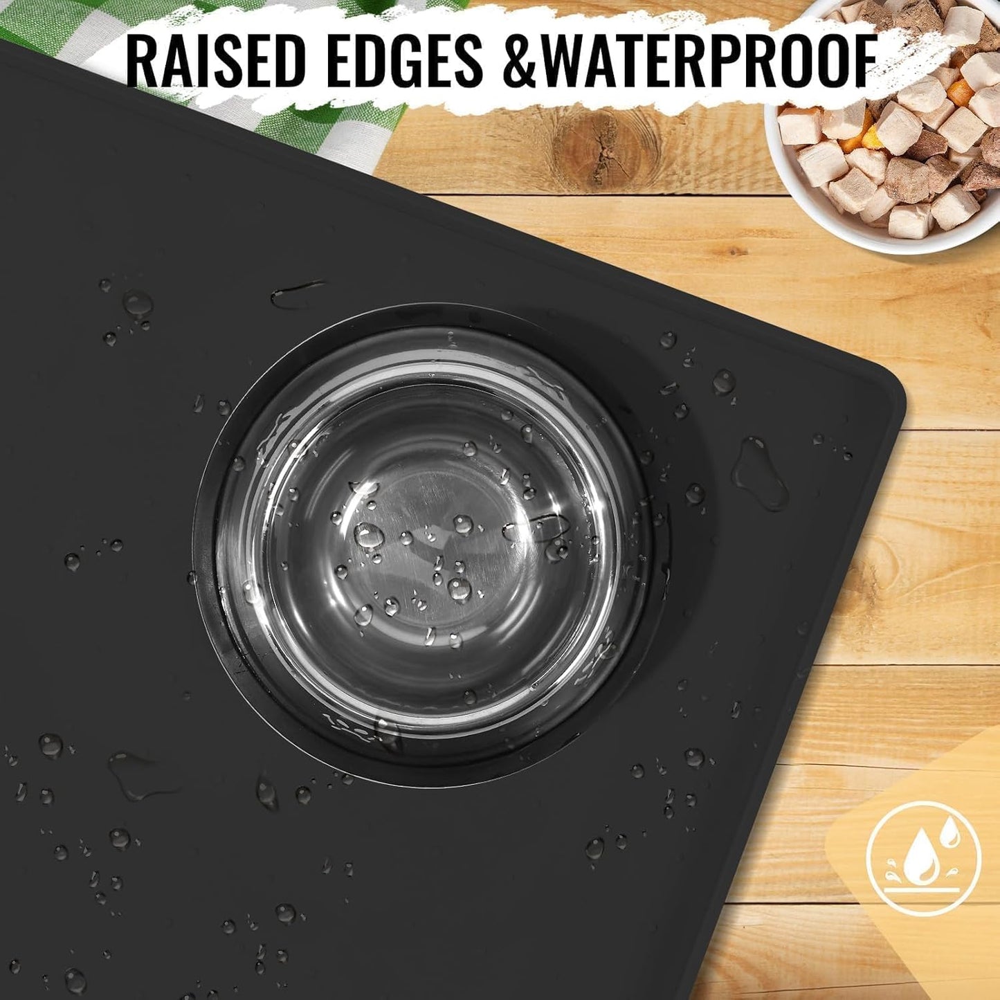 MateeyLife Dog & Cat Food Mat for Floors Waterproof, Nonslip Dog Bowl Mats for Food and Water, Dog Feeding Mats with Raised Edges, Silicone Cat & Dog Water Matt Tray for Messy Drinkers, 18"x12", Black