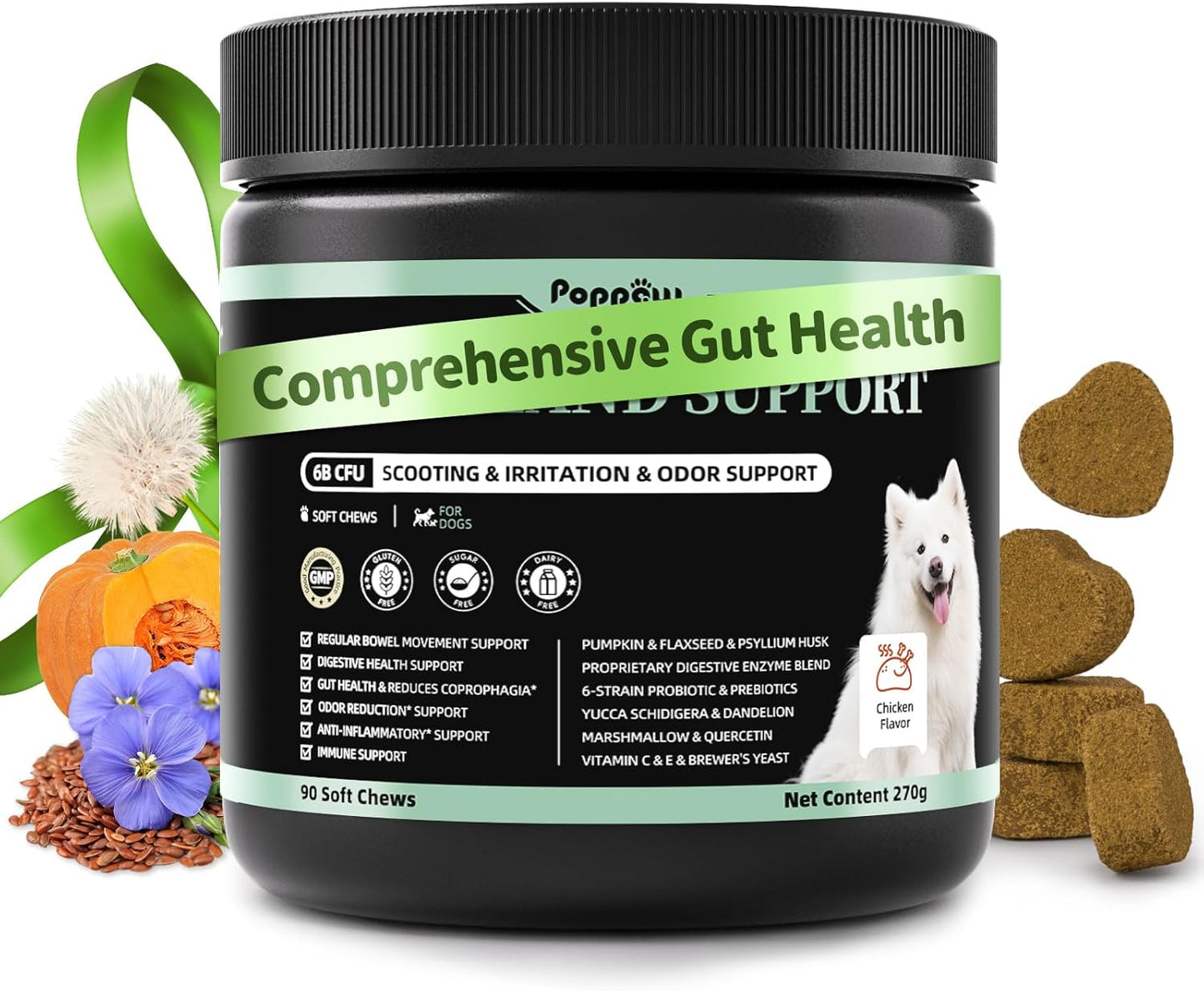 Premium Dog Digestive Enzymes and Probiotics with Pumpkin for Gut Health Support - Daily Chews for Digestion & Gas Relief - Chicken Flavor-90 Count