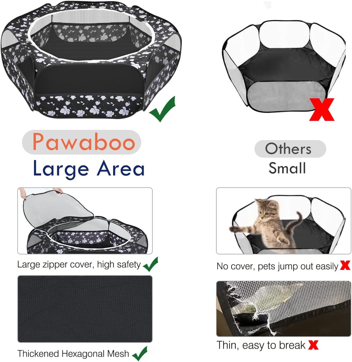 Pawaboo Small Animals Playpen, Waterproof Small Pet Cage Tent with Zippered Cover, Portable Outdoor Yard Fence with 3 Metal Rod for Chick/Kitten/Puppy/Guinea Pig/Rabbits/Hamster/Chinchillas, Magnolia