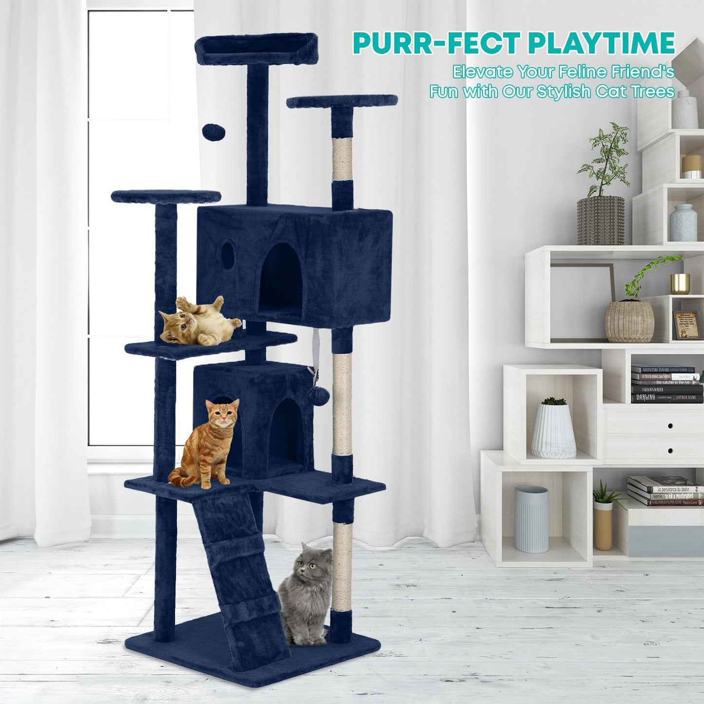 FDW Cat Tree 70in Cat Tower Multi-Level Durable Cat Scratching Post & Cozy Fun Cat Jumping Platform Space Saving Cat Condo Pet Play House for Indoor Cats,Navy Blue