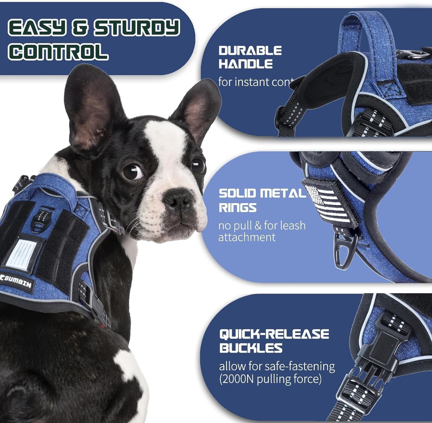 BUMBIN Tactical Dog Harness for Small Dogs No Pull, Famous TIK Tok No Pull Puppy Harness, Fit Smart Reflective Pet Walking Harness for Training, Adjustable Dog Vest Harness with Handle Denim Blue XS