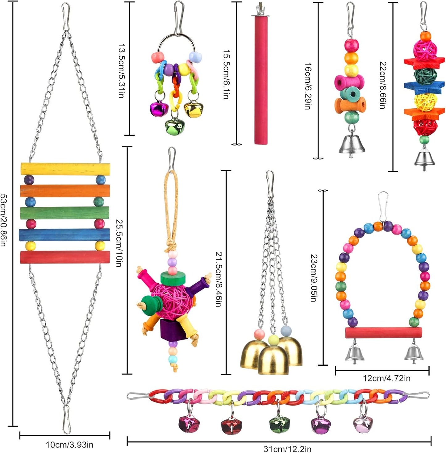 Bird Toys for Conures with Colorful Ladder Hammock Bird Cage Accerious Bird Perch Stand Chewing Toys Hanging Bell for Parrot Parakeet Cockatiel Lovebirds