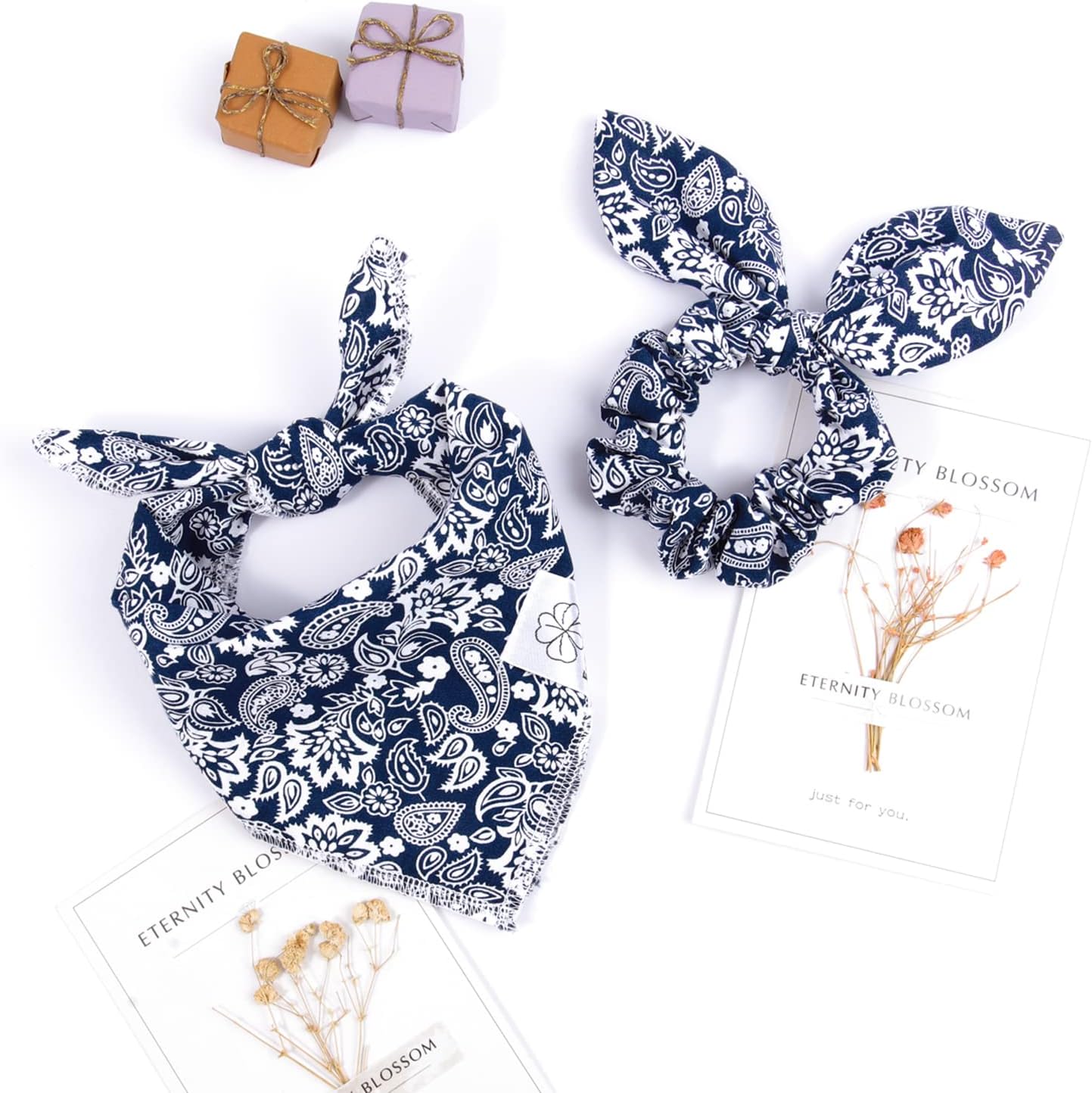 E-Clover Dog Bandanas Boy & Matching Scrunchie Set Dog Bandana Scarf Bibs with Bow Scrunchies for Medium Large Dogs Pet Owner Mom Boho