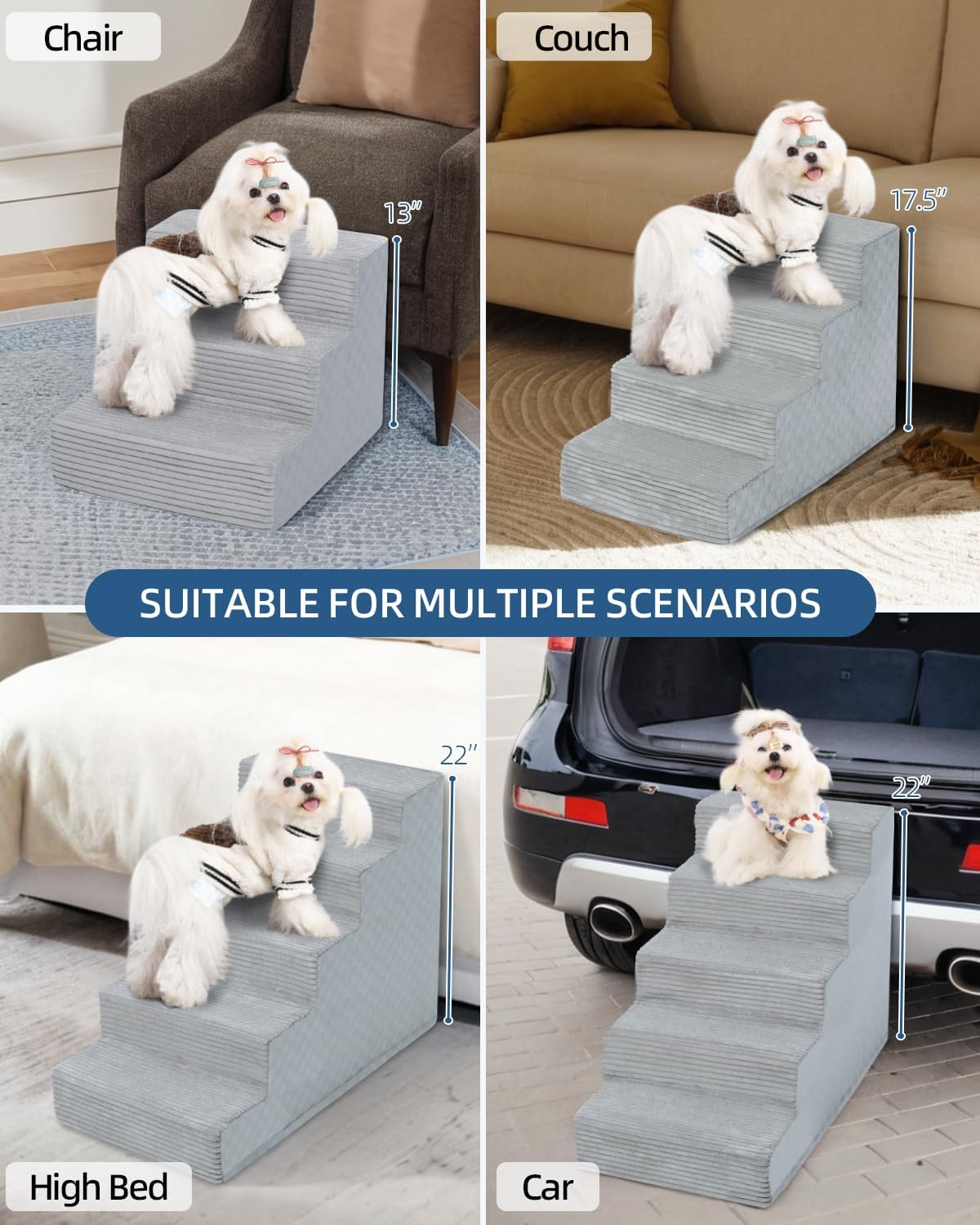 Dog Stairs for Small Dogs,17.5" H,4-Step Dog Steps for Bed and Couch with High Density Foam,Non-Slip Pet Steps for Doggy and Cat,Pet Stairs with a Washable Cover,Grey