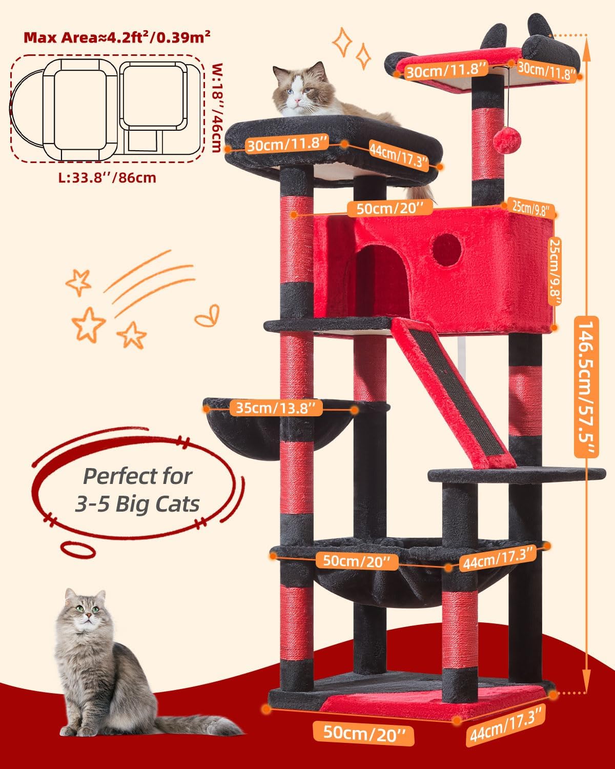 Taoqimiao Gothic Cat Tree 57.5-Inch, Cat Tower for Indoor Cats Large Adult, Large Cat Condo, 8 Sisal Scratching Posts, Metal Frame Cozy Hammock, Durable Scratch Board, 2 Perches, Black and Red MS026BR