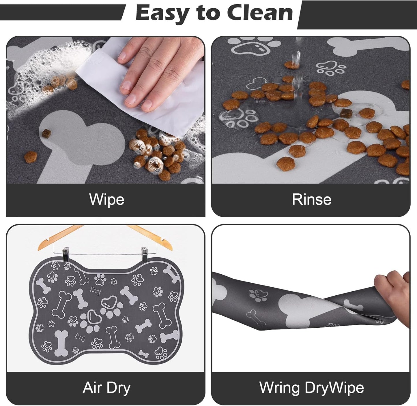 Dog Cat Food Mat,Rapid Absorbent Pet Feeding Mat, Bone Shaped Dog Placemat Water Bowl Mat with Rubber Backing,No Stains Dog Cat Food Mats Indoor, Pet Accessories Supplies 16"×24" Dark Grey