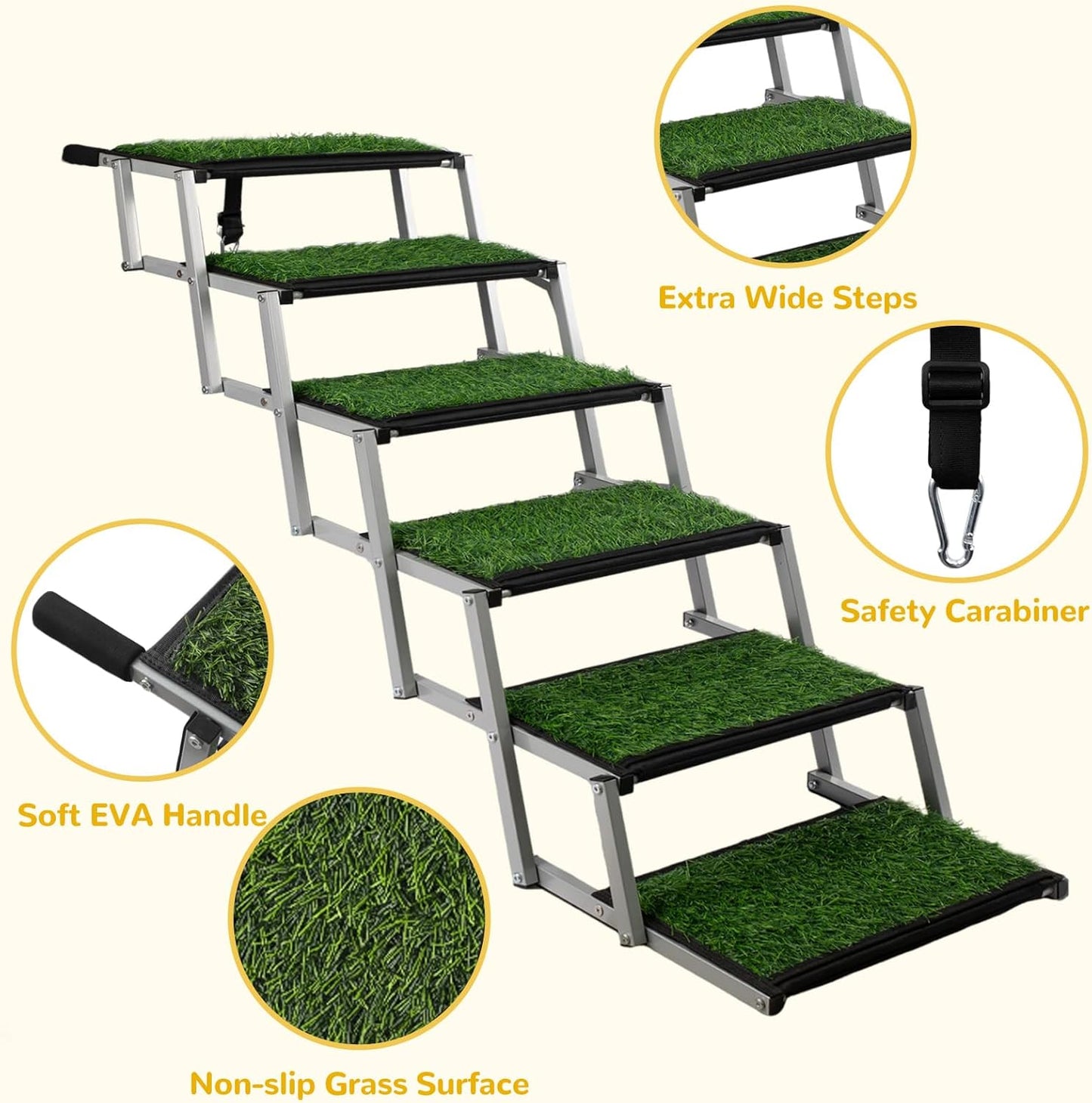 Extra Wide Dog Stairs for Car, Portable Folding Dog Ramps,Doggy Steps for Large Dogs with Non-Slip Grass Rug for Cars, SUV, Trucks, Lightweight Pet Ramp Supports Up to 200 lb, 6 Steps