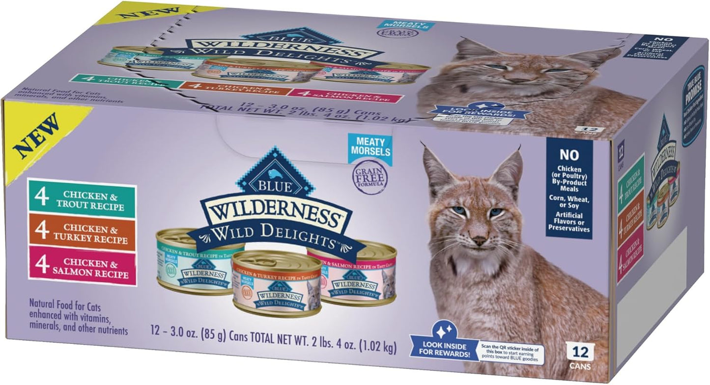 Blue Buffalo Wilderness Wild Delights High Protein Grain Free, Natural Adult Meaty Morsels Wet Cat Food, Ⲥhicken & Turkey, 𝙲hicken & Trout, 𝐂hicken & Salmon 3-oz cans (12 count - 4 of Each Flavor)