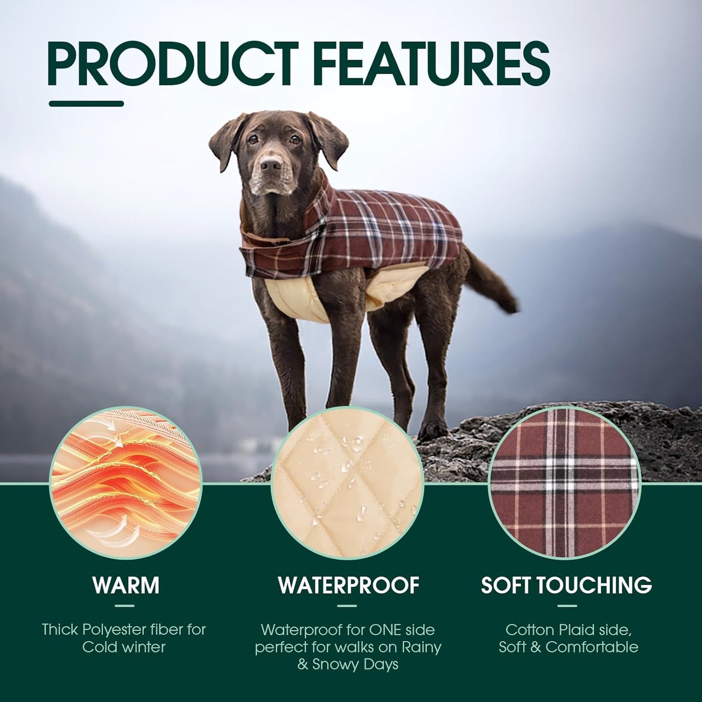 Kuoser Warm Dog Coat, Waterproof Dog Jacket for Extra Large Dogs, Adjustable Durable XXL Doggie Winter Coat Reversible Puppy Cold Weather Apparel from Small to Large Breed, Brown XXL