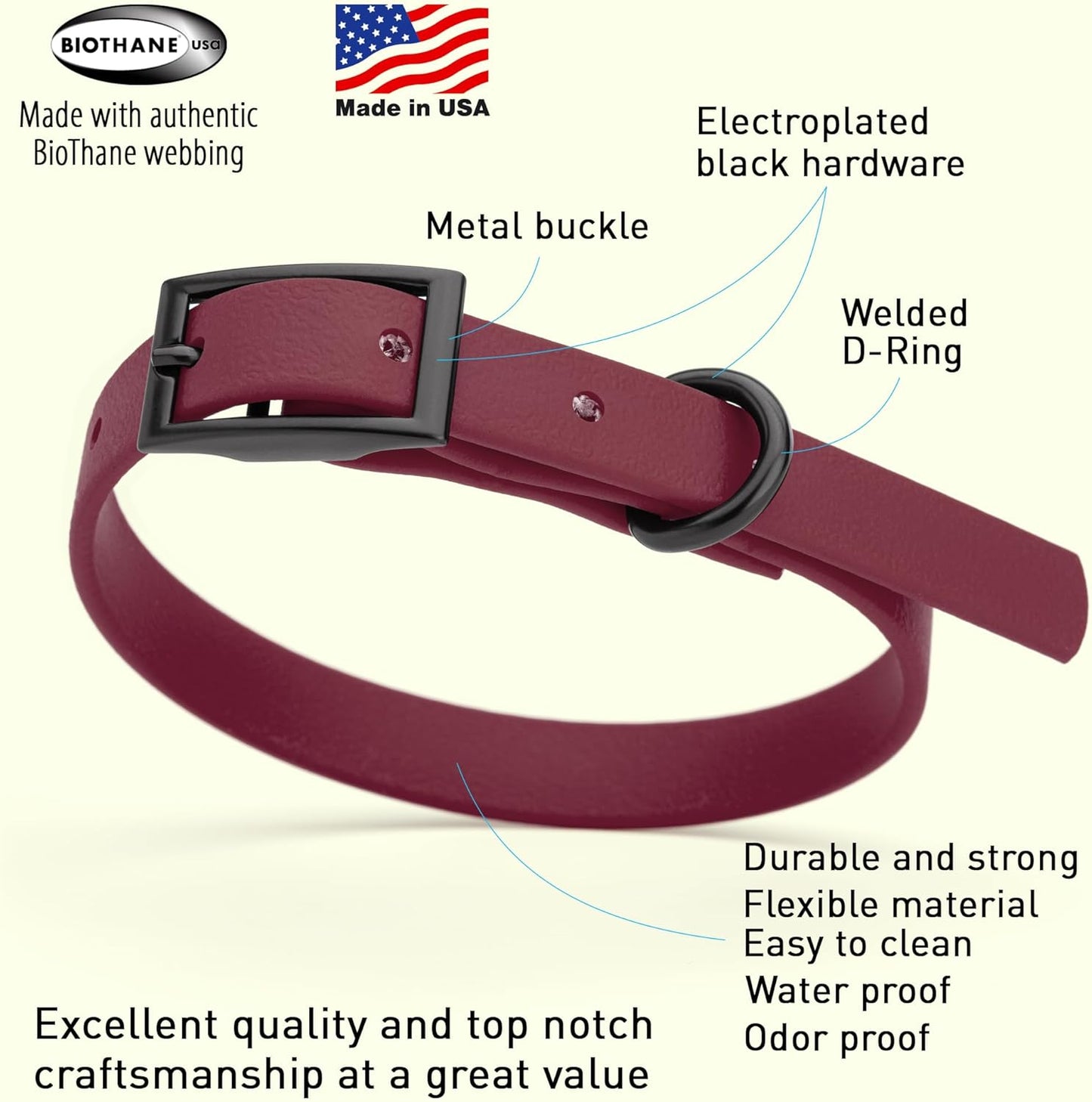 Dogline Biothane Waterproof Dog Collar Strong Coated Nylon Webbing with Black Hardware Odor- Proof for Easy Care Easy to Clean High Performance Fits Small Medium or Large Dogs, Merlot Burgundy