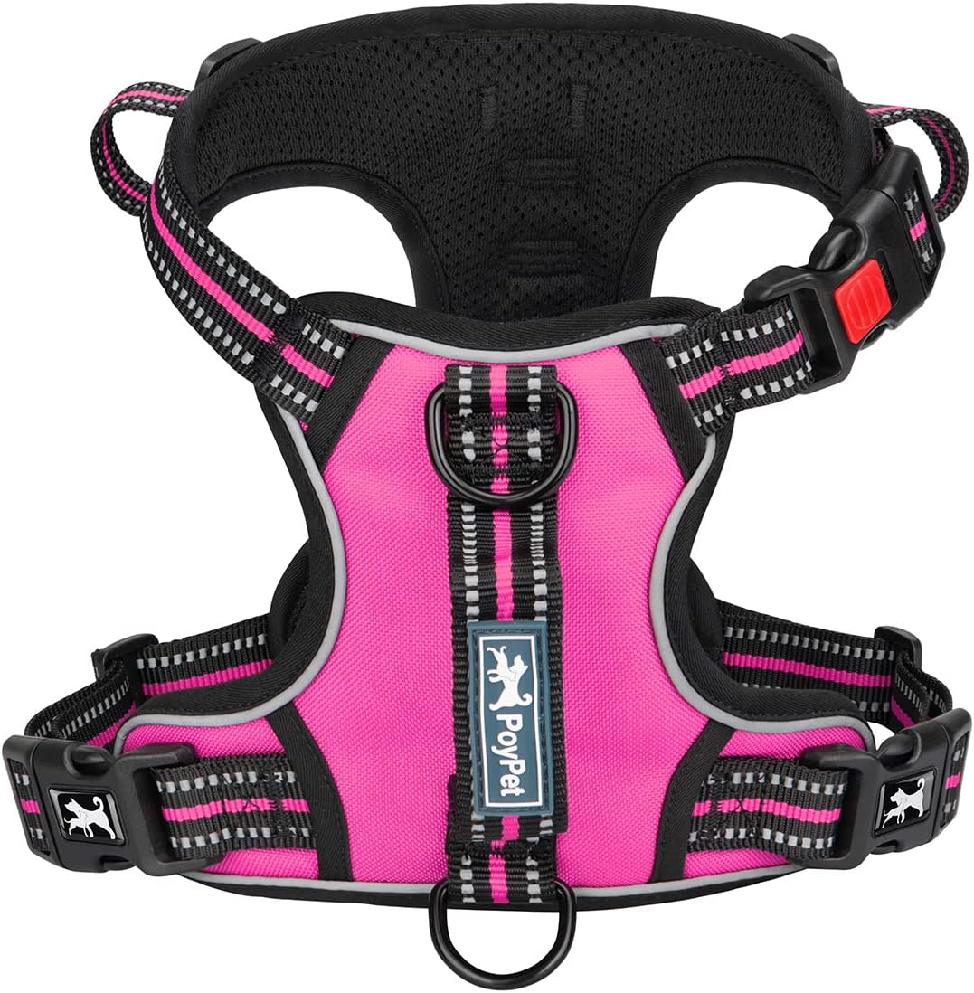 PoyPet No Pull Dog Harness, No Choke Front Clip Reflective Dog Vest with Soft Padded Vertical Handle, 3 Leash Attachments for Small Medium Large Dogs (Pink,M)
