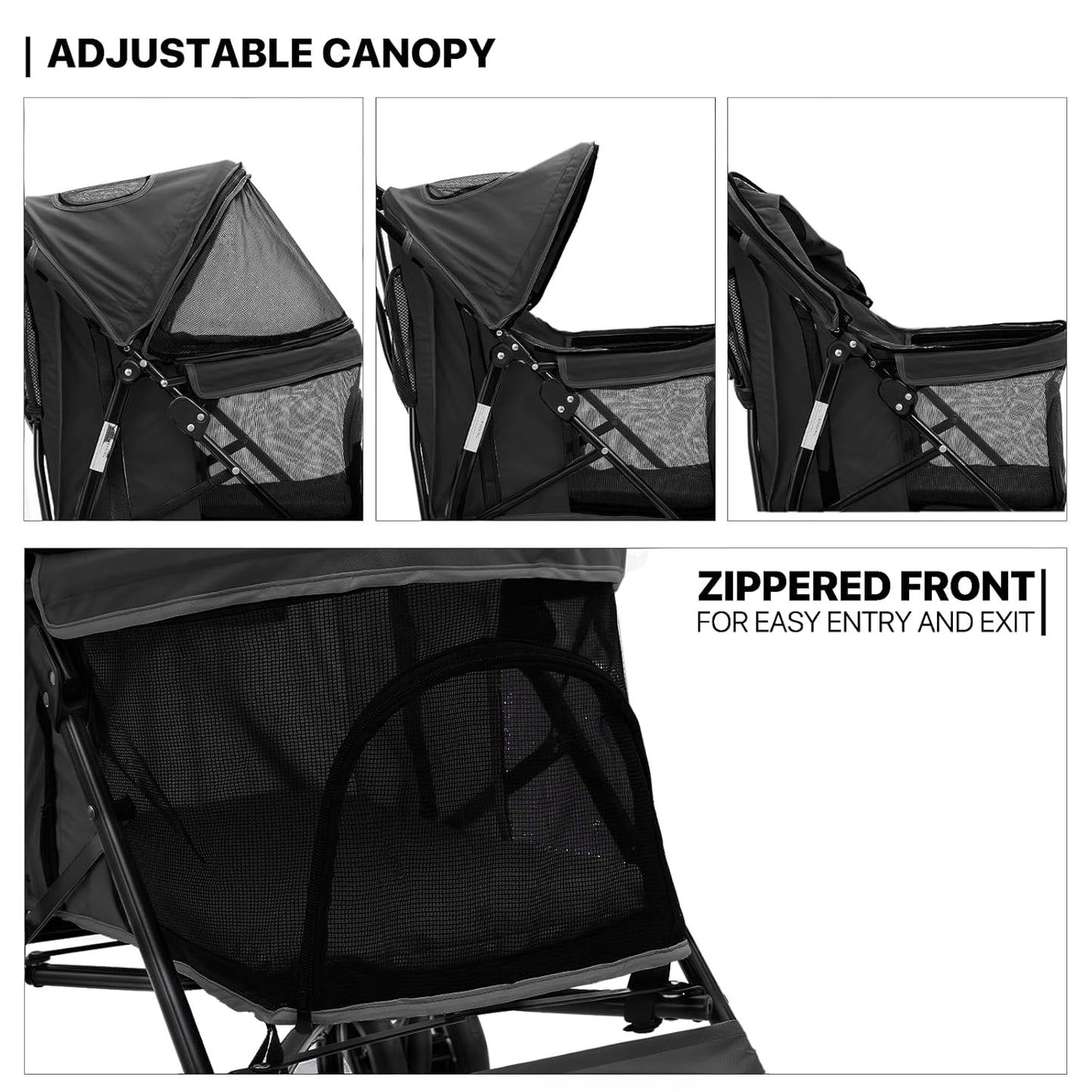 MoNiBloom 4 Wheels Pet Stroller, Easy-Fold Puppy Cage Jogger Stroller with Sun Cover, Pad and Rear Storage Bag, Breathable and Visible Mesh for Small/Medium Pets up to 22 lbs, Black