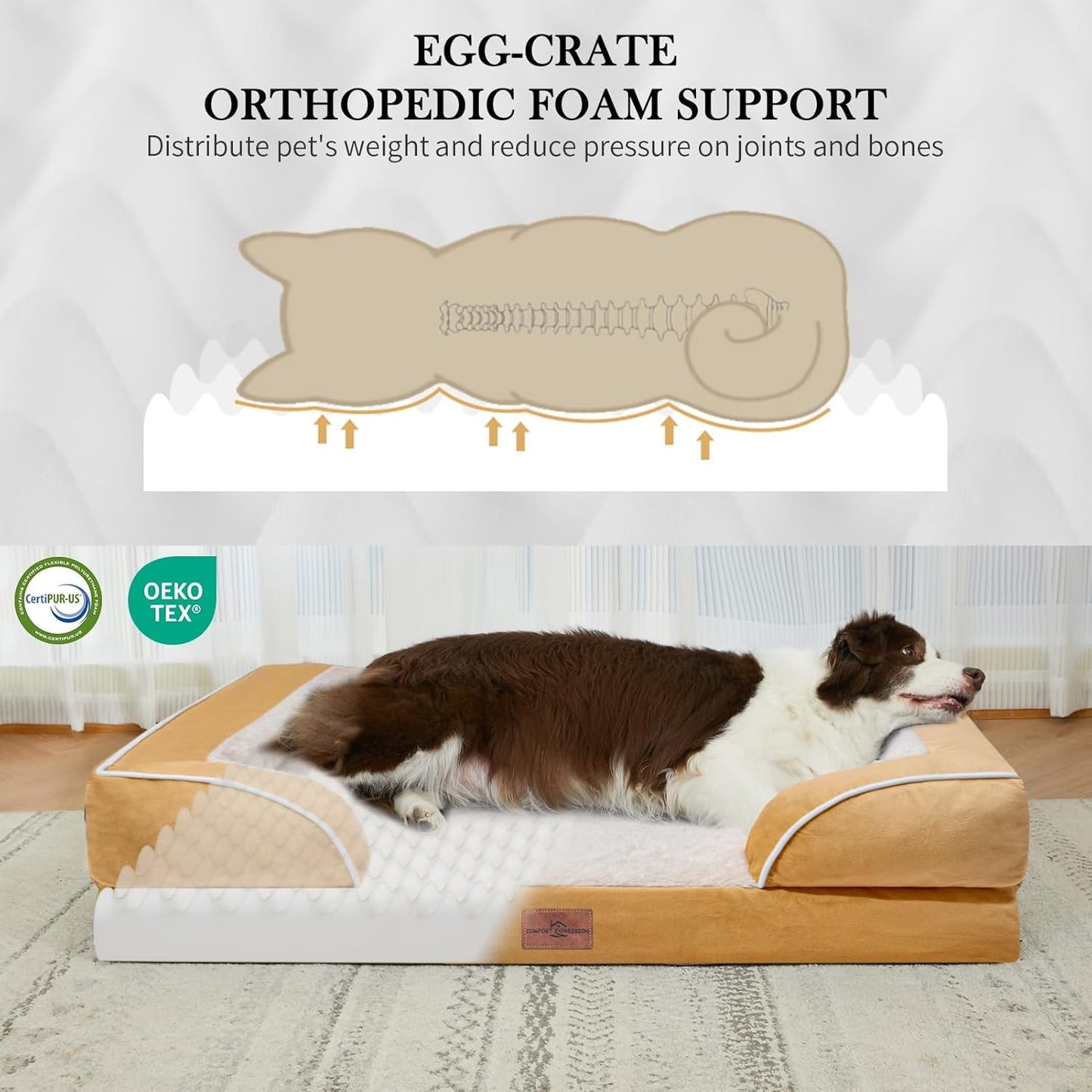 Comfort Expression Large Dog Beds Waterproof, Orthopedic Dog Beds for Large Sized Dogs, Comfy Pet Bed Sofa with Washable Removable Cover & Non-Slip Bottom(Khaki)