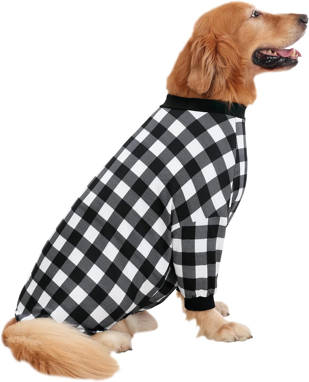 HDE Dog Pajamas One Piece Jammies Jumpsuit Pet Clothes Outfit Stretchy Lightweight Comfy Shirt Pjs for M-3XL Dogs Black & White Buffalo Plaid - 3XL