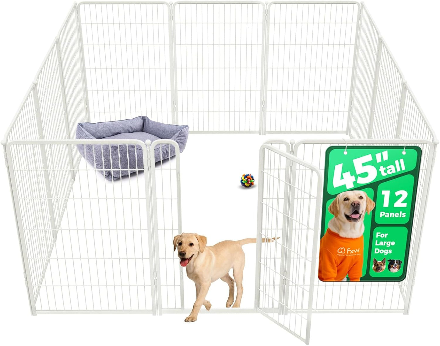 FXW Homeplus Unleashed Indoor Dog Playpen - Stress-Free and Safe Play, Heavy Duty 45 Inch 12 Wire Panels Dog Pen for Large Dogs, White│Patented