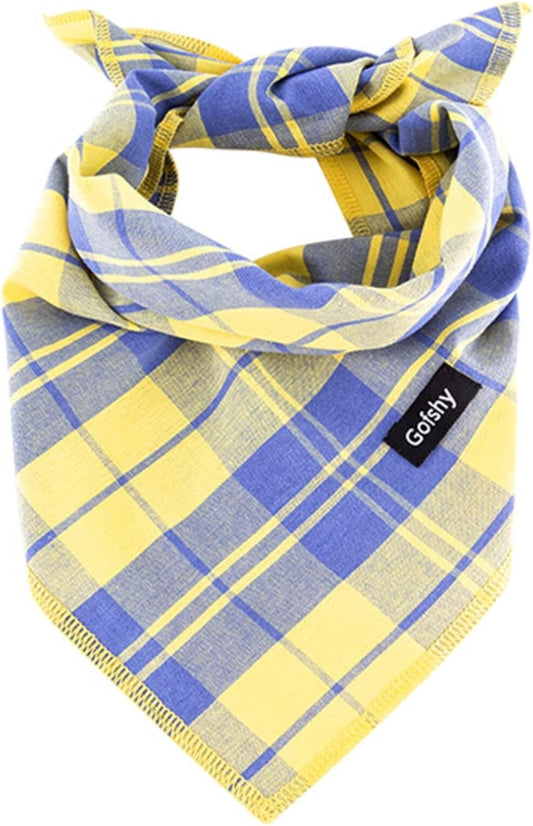 Summer Dog Bandana Large-Dog Scarf Vibrant Color Yellow Blue Plaid Printing Adjustable Bib Handkerchief Accessories for Medium Large Dogs (L)